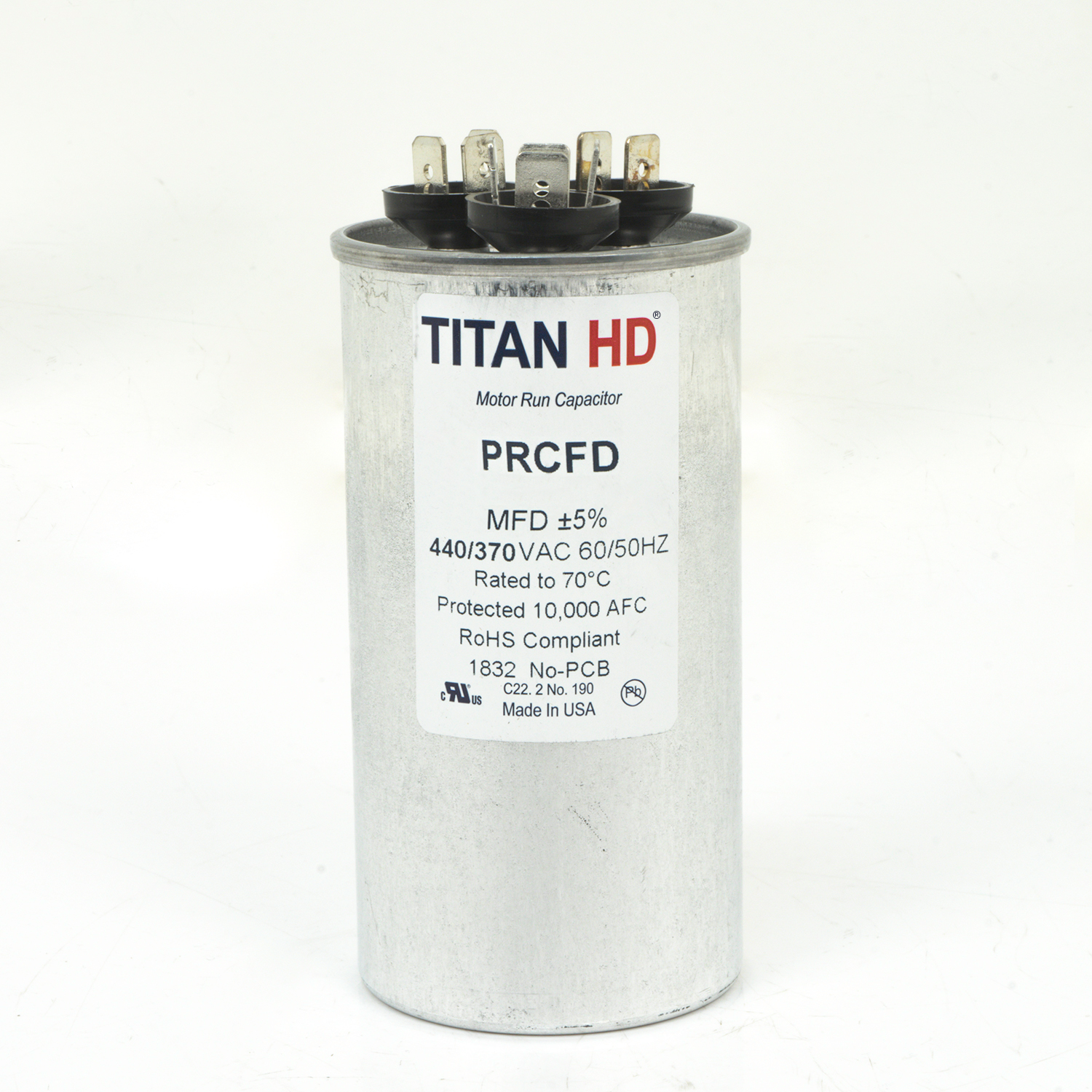 Packard Titan HD PRCFD455A Dual Motor Run Capacitor, 45/5 MFD, 440/370 VAC, Round, 2 Number Of Sections, 4-11/32" Overall Height, 2" Diameter, Aluminum (Case), Steel (Cover) Housing Material