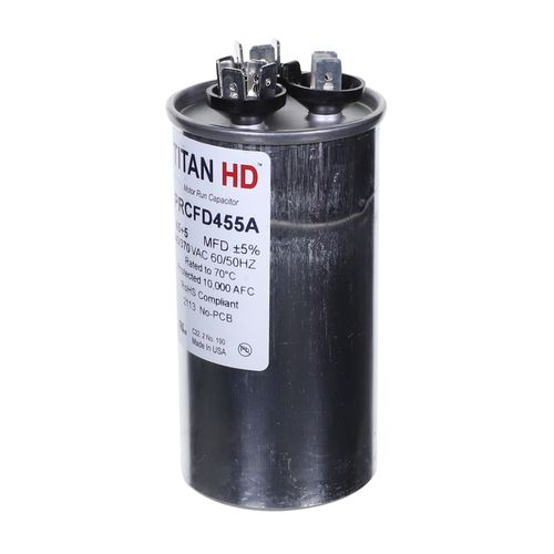 Packard Titan HD PRCFD455A Dual Motor Run Capacitor, 45/5 MFD, 440/370 VAC, Round, 2 Number Of Sections, 4-11/32" Overall Height, 2" Diameter, Aluminum (Case), Steel (Cover) Housing Material